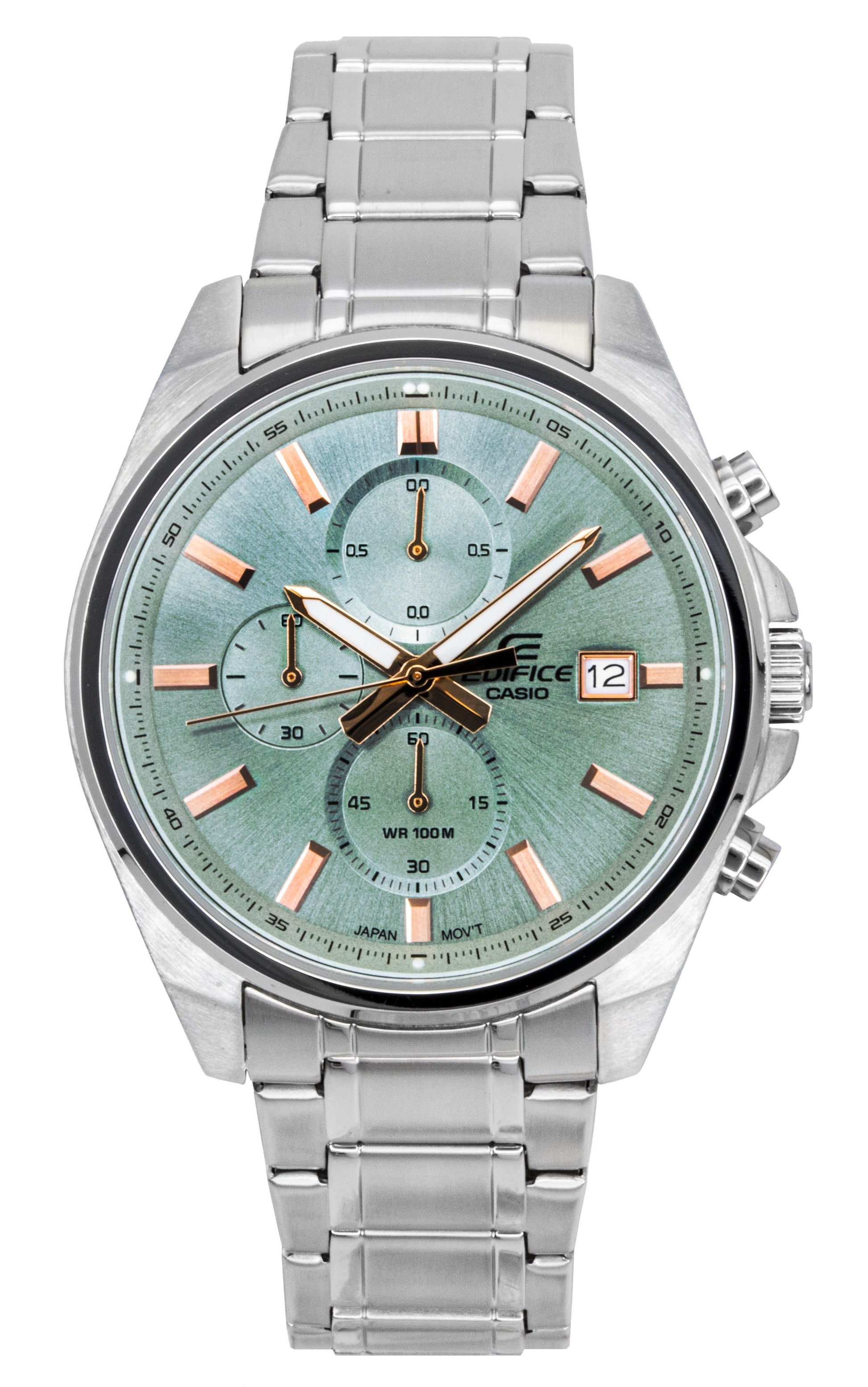 Casio Edifice Analog Standard Chronograph Stainless Steel. A brand-new Casio Edifice watch featuring a Green dial and a Leather strap. Angled view.
