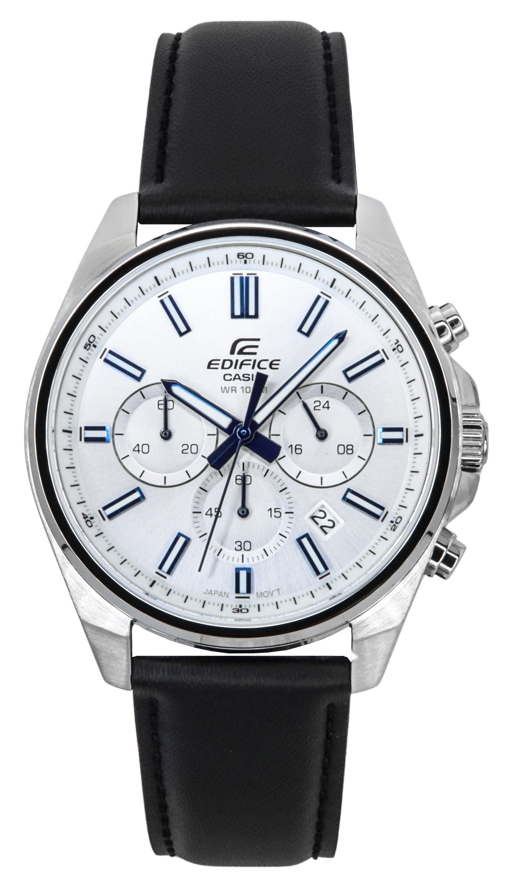 Casio Edifice Analog Standard Chronograph White Dial Quartz. A brand-new Casio Edifice watch featuring a White dial and a Leather strap. Front view.