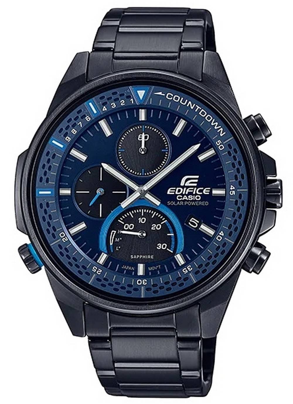 Casio Edifice Chronograph Solar EFSS590DC-2 100M. A brand-new Casio Edifice watch featuring a Stainless steel strap. Front view.