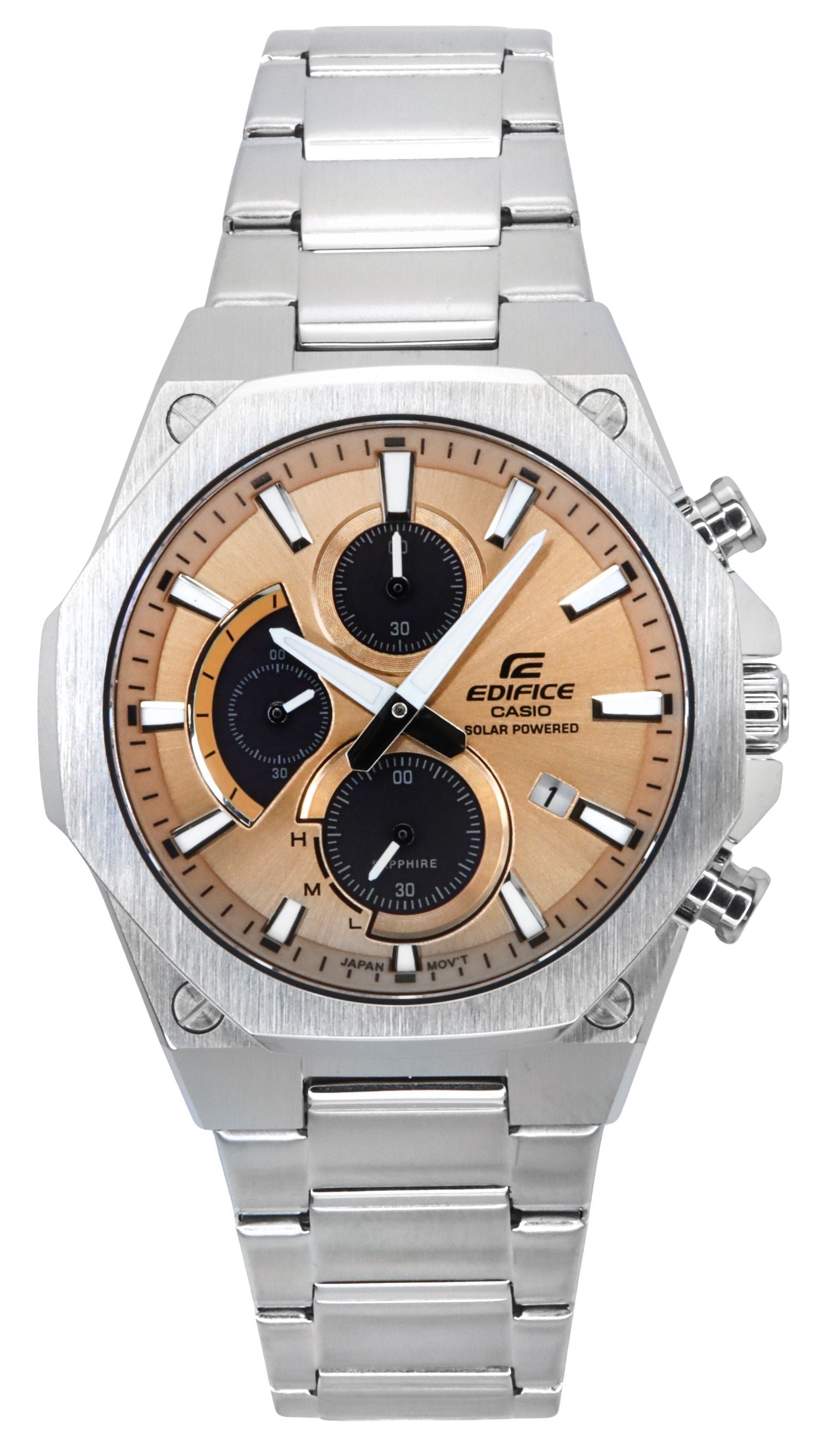 Casio Edifice Slim Line Analog Chronograph Stainless Steel. A brand-new Casio Edifice watch featuring a Copper dial and a Stainless steel strap. Side view.