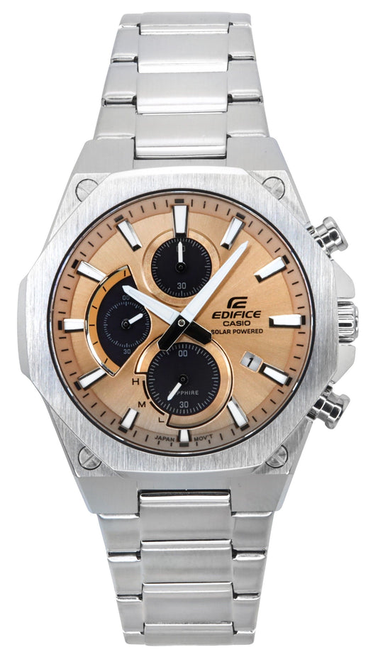 Casio Edifice Slim Line Analog Chronograph Stainless Steel. A brand-new Casio Edifice watch featuring a Copper dial and a Stainless steel strap. Side view.