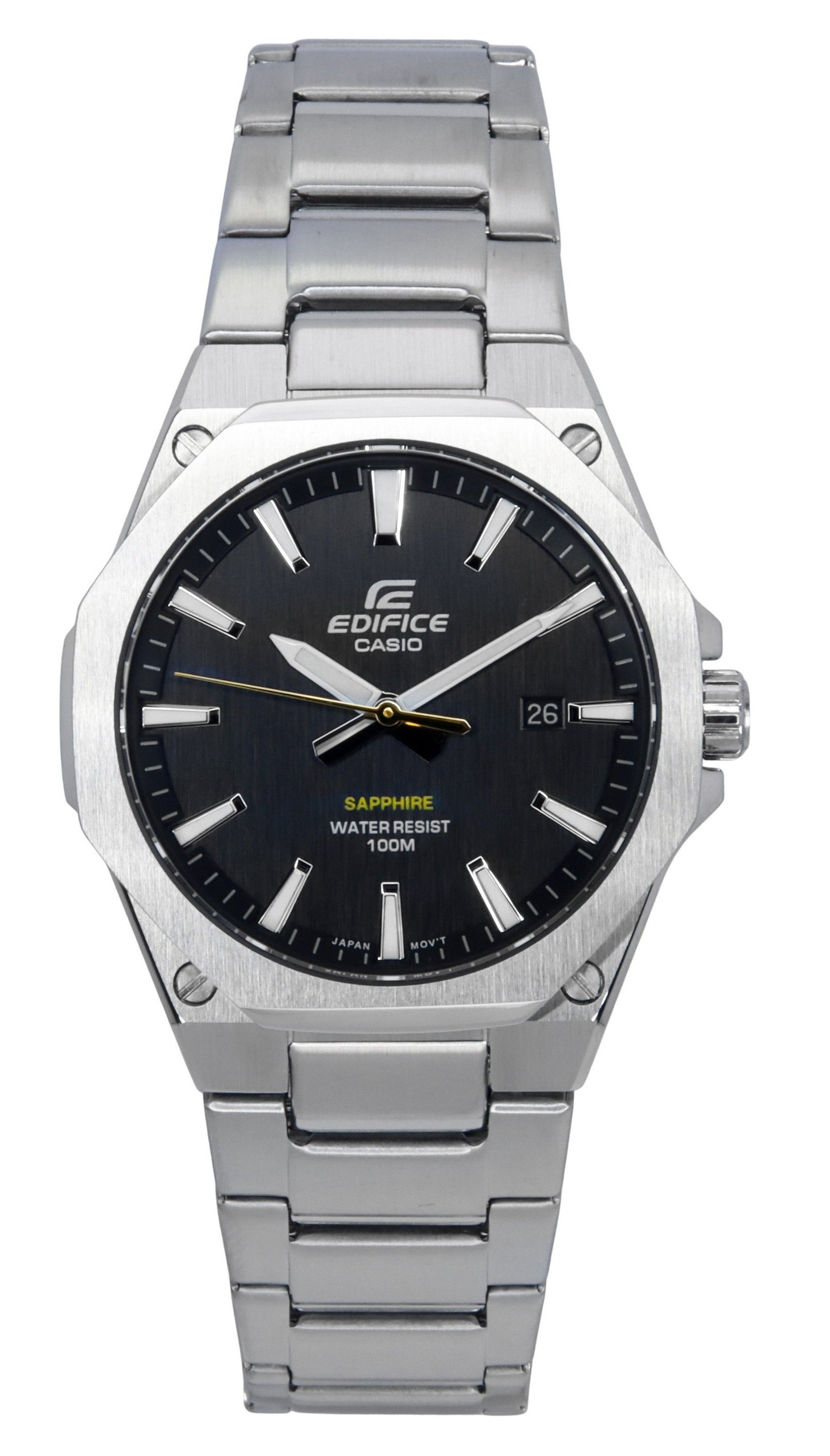 Casio Edifice Slim Line Black Dial Quartz 100M. A brand-new Casio Edifice watch featuring a Black dial and a Stainless steel strap. Angled view.