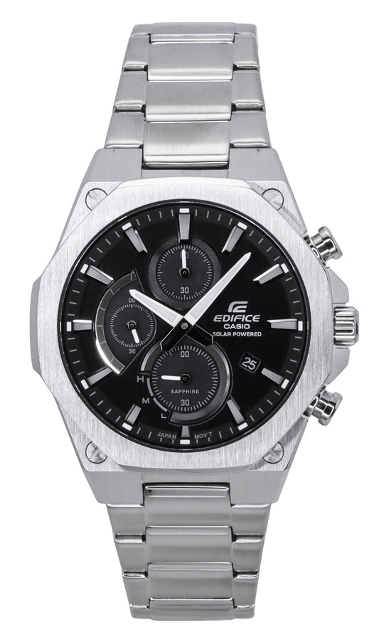 Casio Edifice Slim Line Chronograph Analog Solar EFSS570D-1. A brand-new Casio Edifice watch featuring a Stainless steel strap. Angled view.