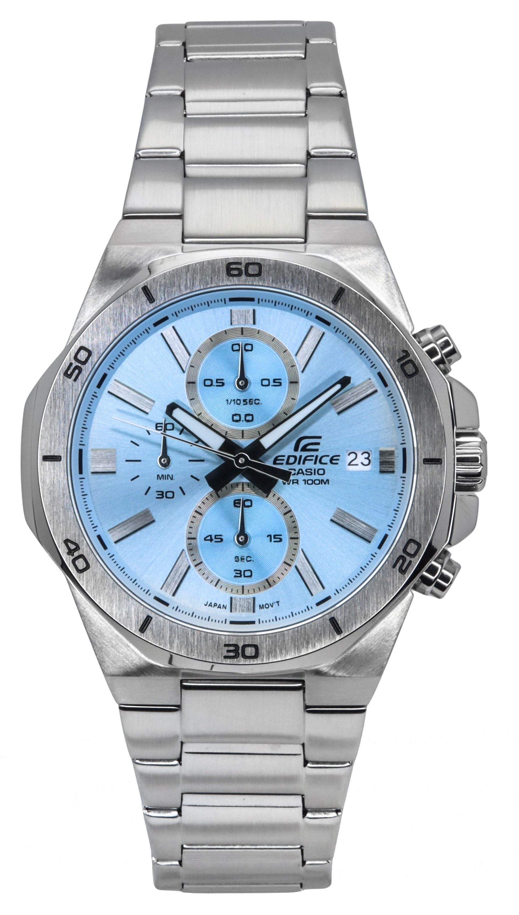 Casio Edifice Standard Chronograph Analog Stainless Steel. A brand-new Casio Edifice watch featuring a Blue dial and a Stainless steel strap. Angled view.
