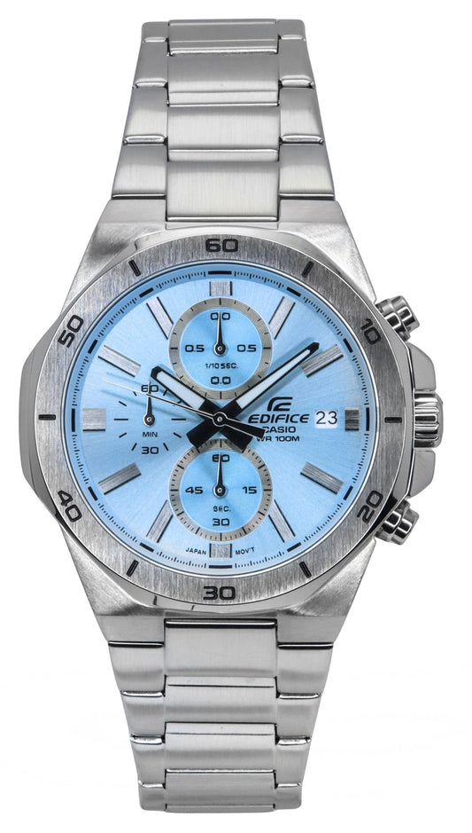Casio Edifice Standard Chronograph Analog Stainless Steel. A brand-new Casio Edifice watch featuring a Blue dial and a Stainless steel strap. Angled view.
