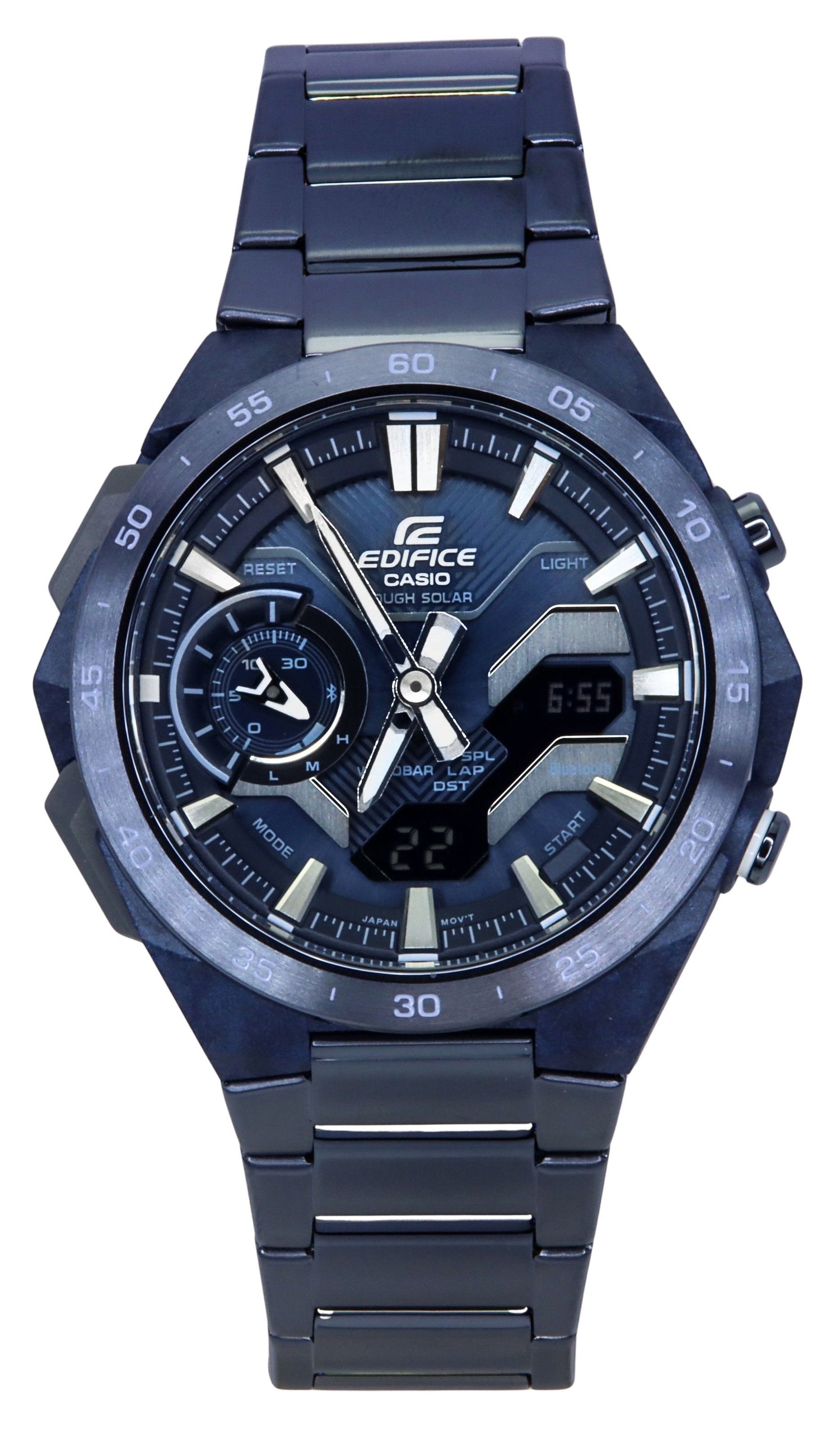 Casio Edifice Windflow Analog Digital Cool Blue Edition. A brand-new Casio Edifice watch featuring a Blue dial and a Stainless steel strap. Side view.