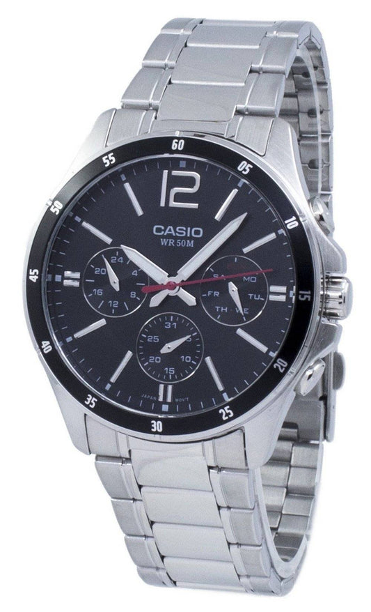 Casio Enticer Analog Quartz MTP1374D-1AV Water Resistant. A brand-new Casio Enticer watch featuring a Stainless steel strap. Front view.