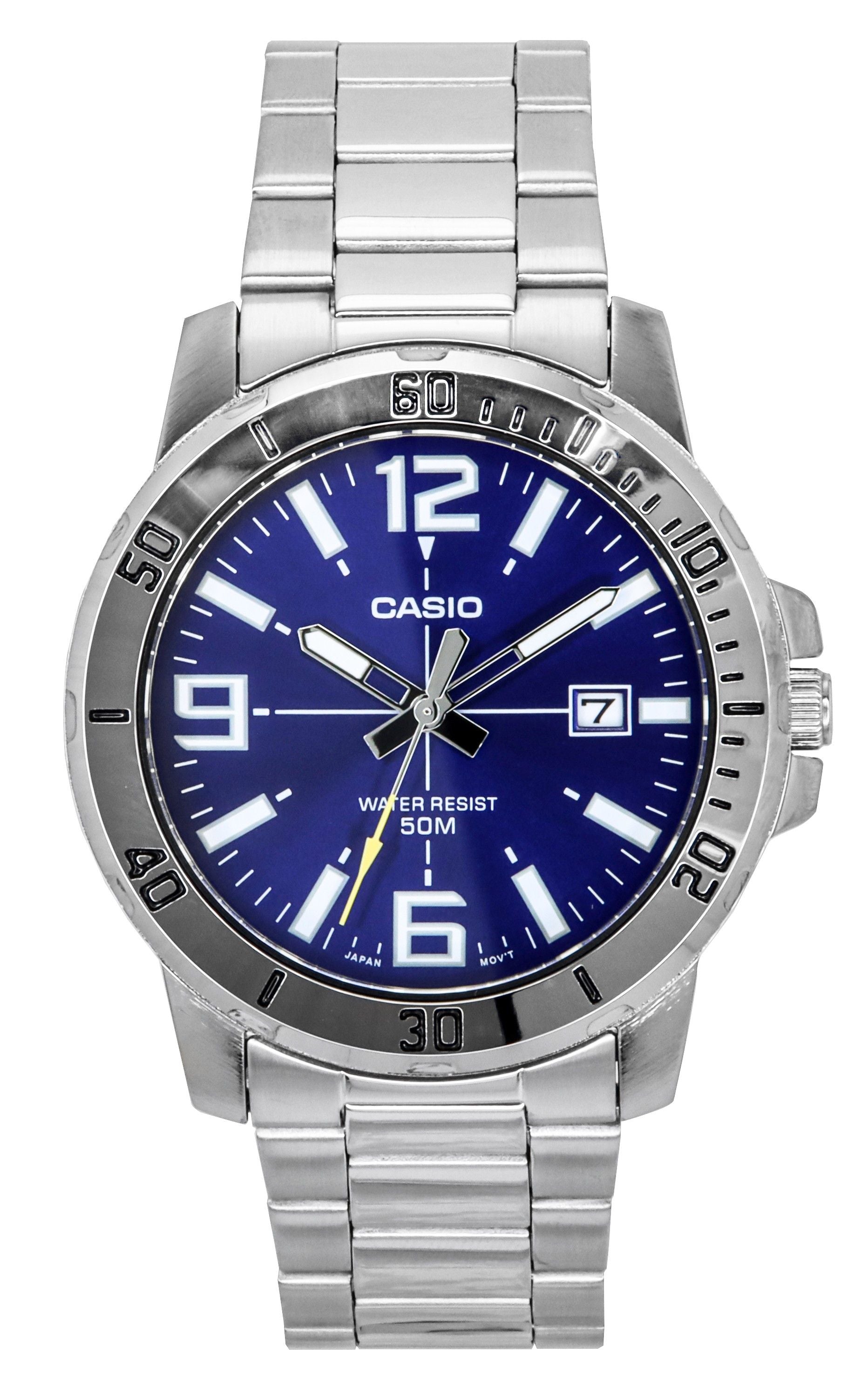 Casio Enticer Analog Stainless Steel Blue Dial Quartz. A brand-new Casio Enticer watch featuring a Blue dial and a Stainless steel strap. Angled view.