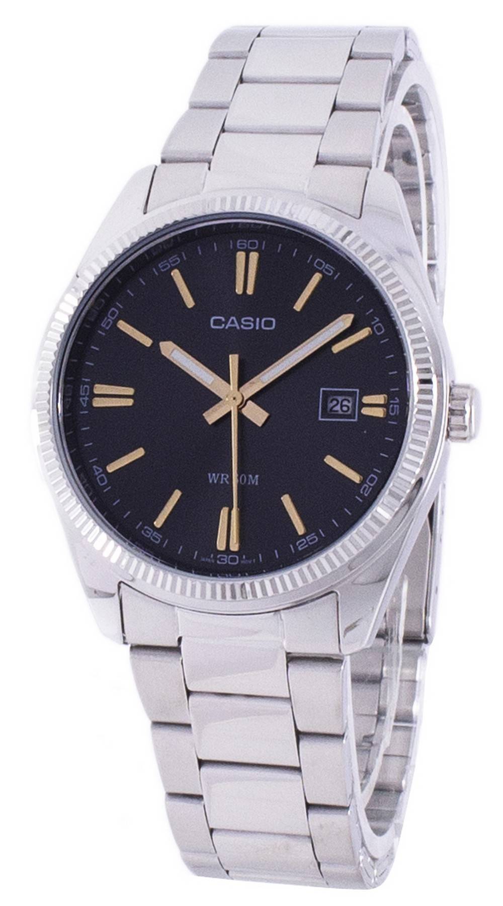 Casio Enticer Quartz MTP1302D-1A2V Stainless Steel. A brand-new Casio Enticer watch featuring a Stainless steel strap. Side view.