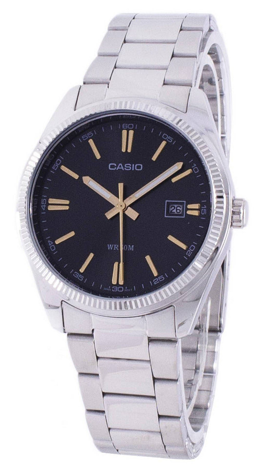 Casio Enticer Quartz MTP1302D-1A2V Stainless Steel. A brand-new Casio Enticer watch featuring a Stainless steel strap. Side view.