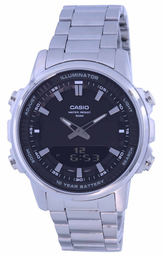 Casio Enticer World Time Telememo Analog Digital AMW880D-1. A brand-new Casio Enticer watch featuring a Stainless steel strap. Angled view.