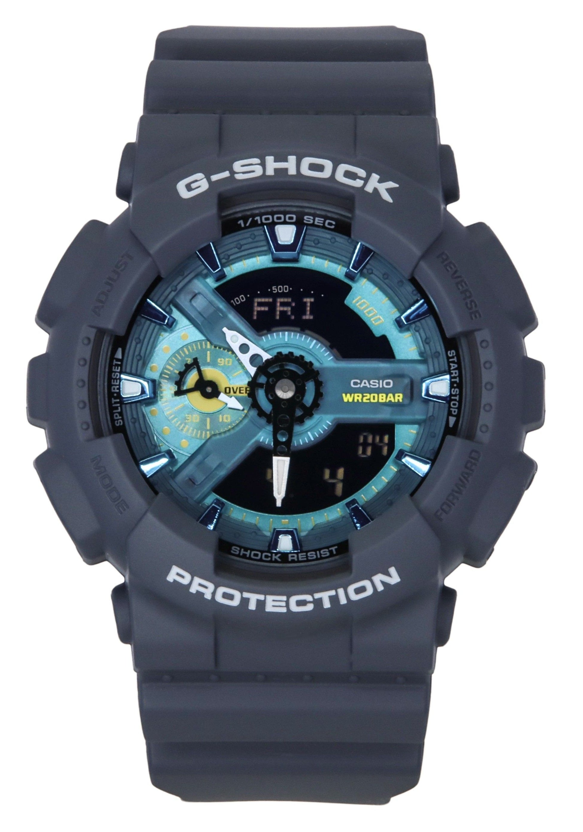 Casio G-Shock Analog Digital Bio-Based Resin Blue Dial. A brand-new Casio G-Shock watch featuring a Blue dial and a Plastic strap. Angled view.