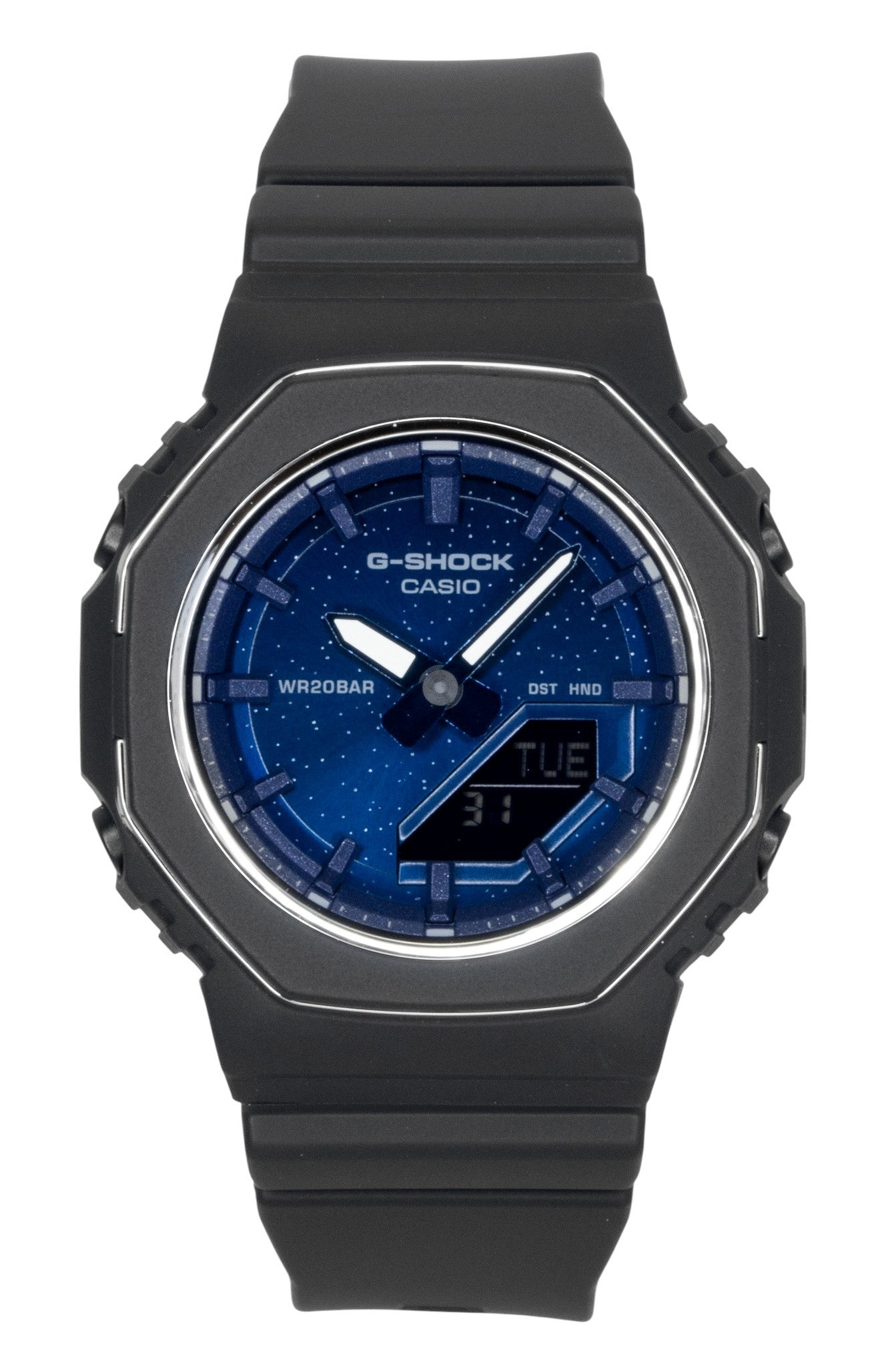 Casio G-Shock Analog Digital Bio-Based Resin Blue Dial. A brand-new Casio G-Shock watch featuring a Blue dial and a Plastic strap. Angled view.