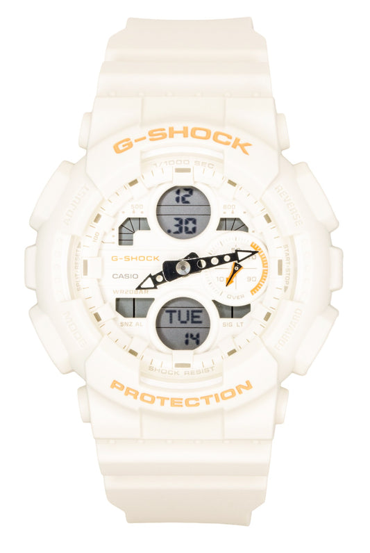 Casio G-Shock Analog Digital Bio-Based Resin Cream Dial. A brand-new Casio G-Shock watch featuring a Plastic strap. Side view.