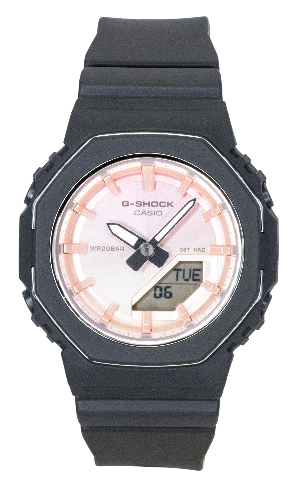 Casio G-Shock Analog Digital Bio-Based Resin Pink Dial. A brand-new Casio G-Shock watch featuring a Pink dial and a Plastic strap. Side view.