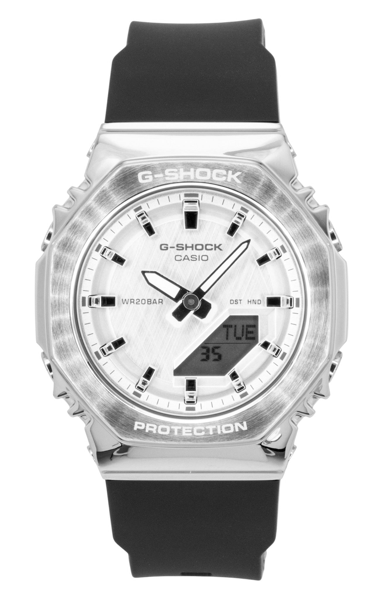 Casio G-Shock Analog Digital Bio-Based Resin Silver Dial. A brand-new Casio G-Shock watch featuring a Silver dial and a Plastic strap. Angled view.