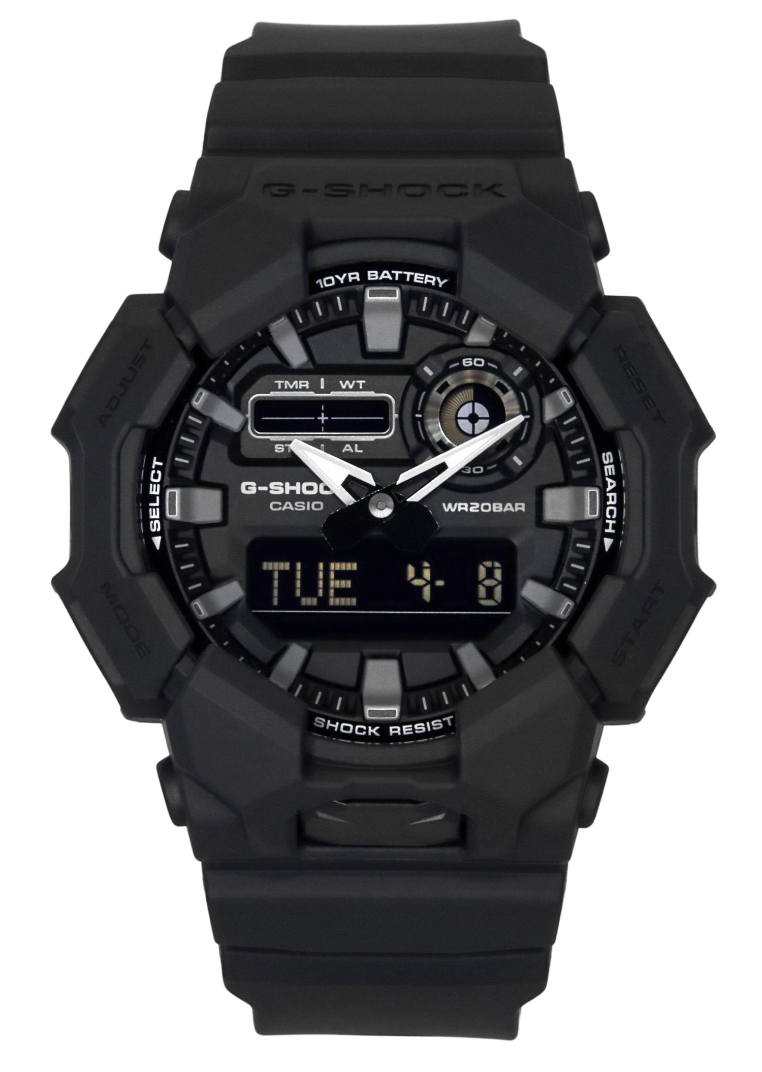 Casio G-Shock Analog Digital Bio-Based Resin Strap Black. A brand-new Casio G-Shock watch featuring a Black dial and a Plastic strap. Side view.