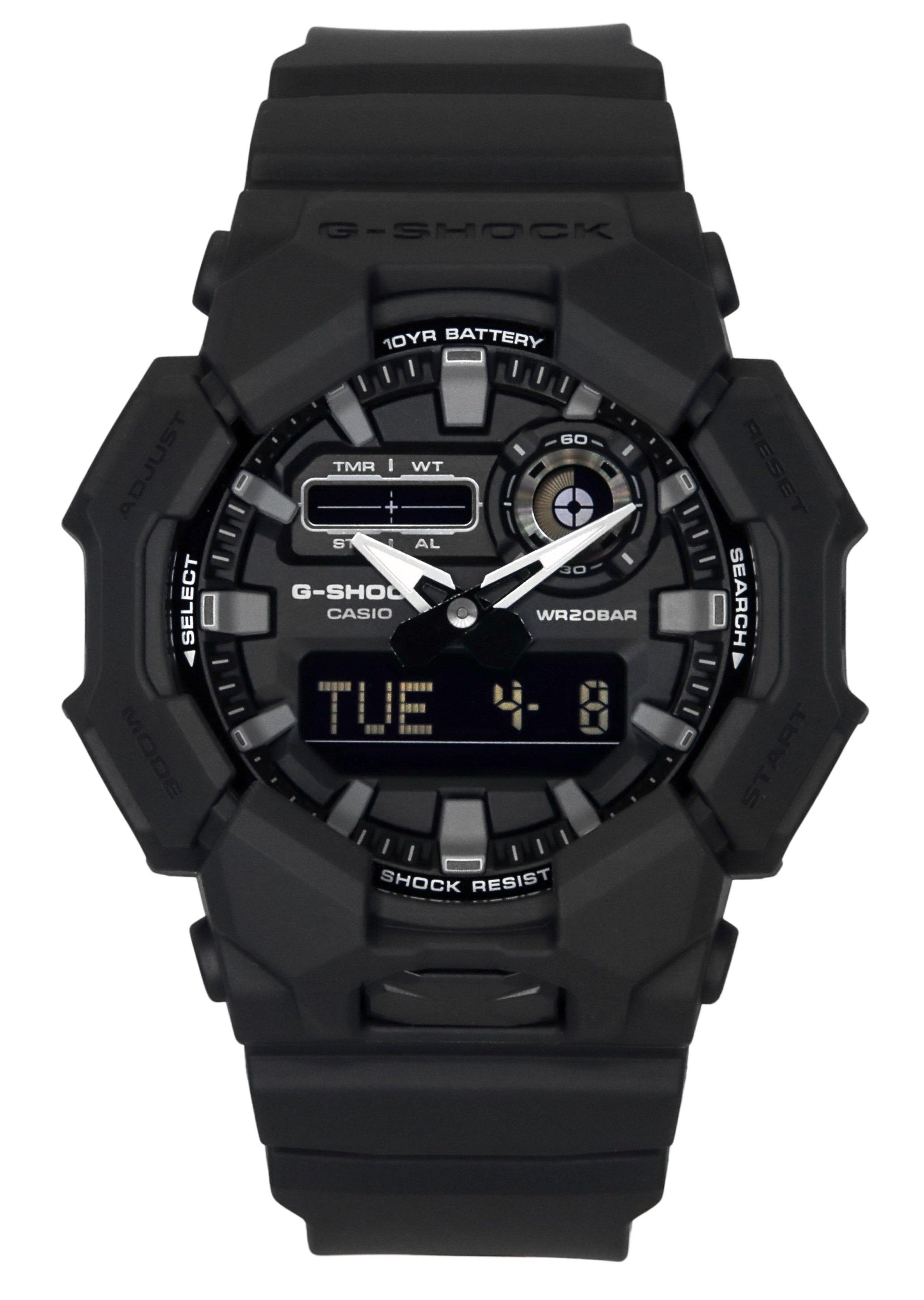 Casio G-Shock Analog Digital Bio-Based Resin Strap Black. A brand-new Casio G-Shock watch featuring a Black dial and a Plastic strap. Side view.