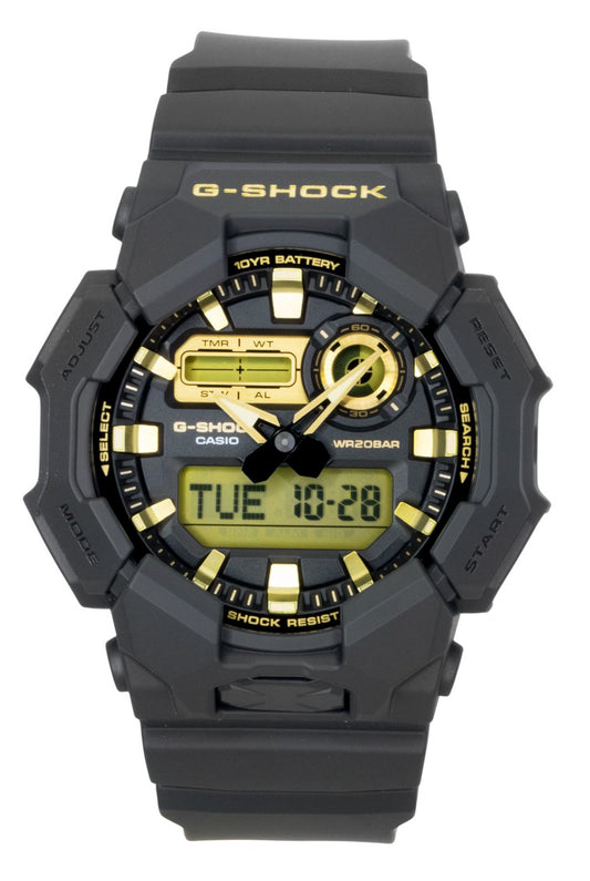Casio G-Shock Analog Digital Bio-Based Resin Strap Black. A brand-new Casio G-Shock watch featuring a Black dial and a Plastic strap. Side view.