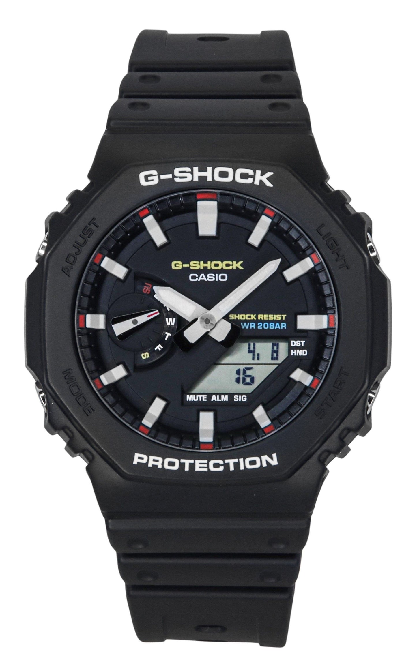 Casio G-Shock Analog Digital Bio-Based Resin Strap Black. A brand-new Casio G-Shock watch featuring a Black dial and a Plastic strap. Angled view.