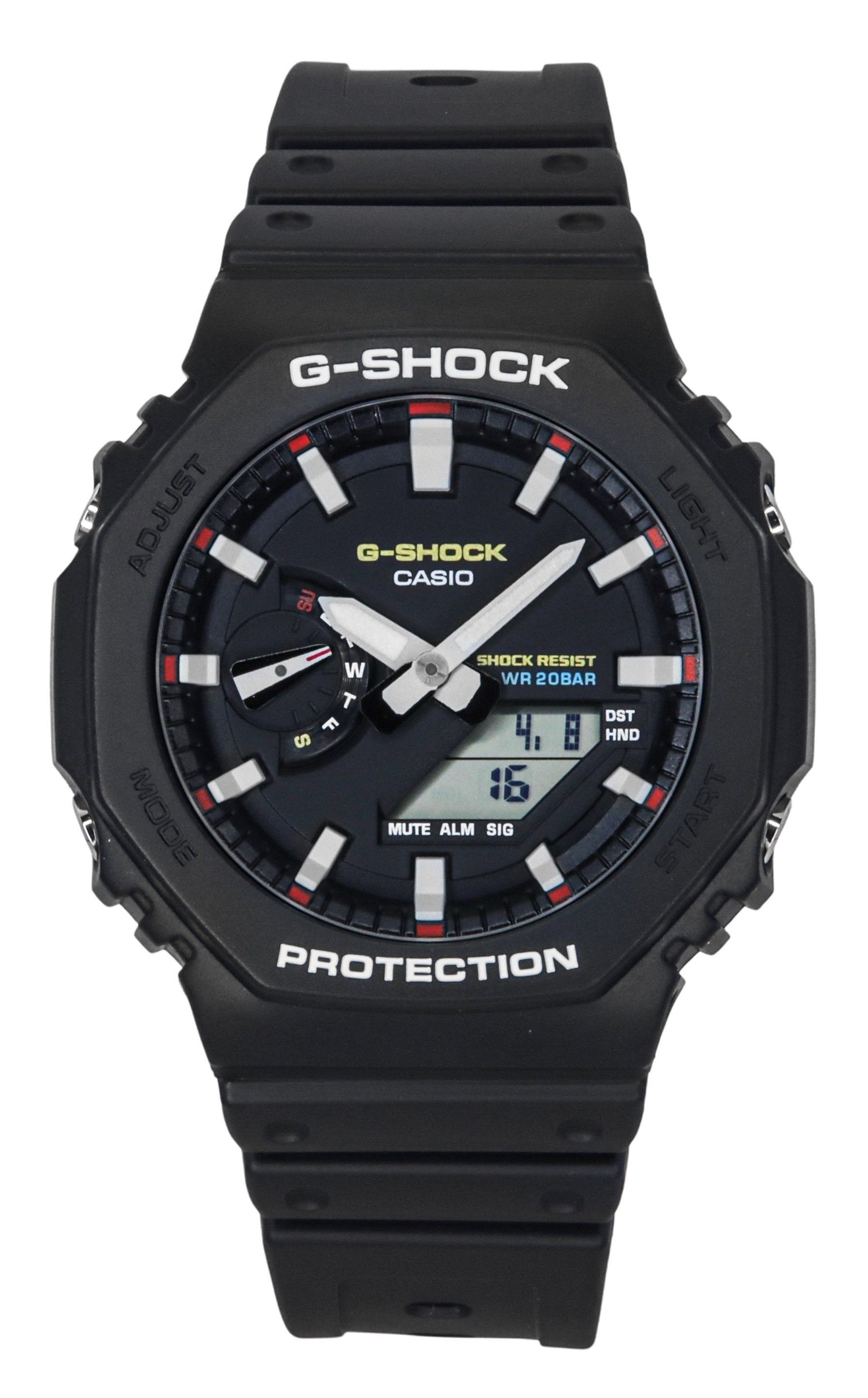 Casio G-Shock Analog Digital Bio-Based Resin Strap Black. A brand-new Casio G-Shock watch featuring a Black dial and a Plastic strap. Angled view.