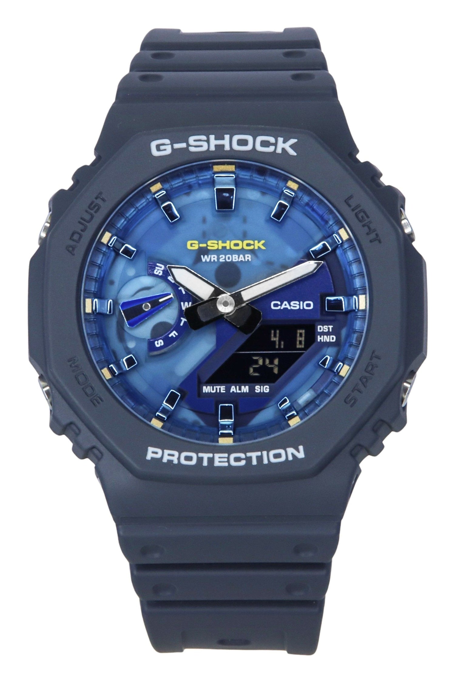 Casio G-Shock Analog Digital Bio-Based Resin Strap Blue. A brand-new Casio G-Shock watch featuring a Blue dial and a Plastic strap. Angled view.