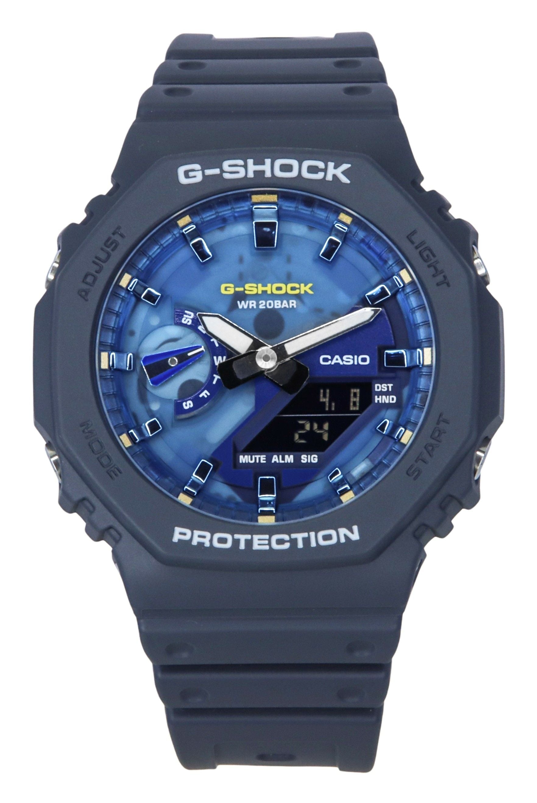 Casio G-Shock Analog Digital Bio-Based Resin Strap Blue. A brand-new Casio G-Shock watch featuring a Blue dial and a Plastic strap. Angled view.