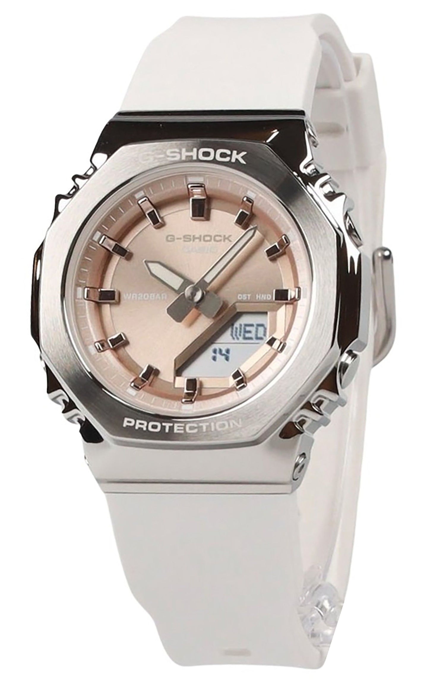 Casio G-Shock Analog Digital Bio-Based Resin Strap Gold. A brand-new Casio G-Shock watch featuring a Gold Tone dial and a Plastic strap. Side view.