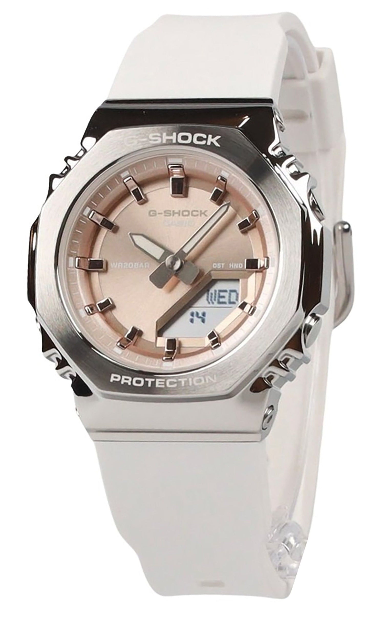 Casio G-Shock Analog Digital Bio-Based Resin Strap Gold. A brand-new Casio G-Shock watch featuring a Gold Tone dial and a Plastic strap. Side view.