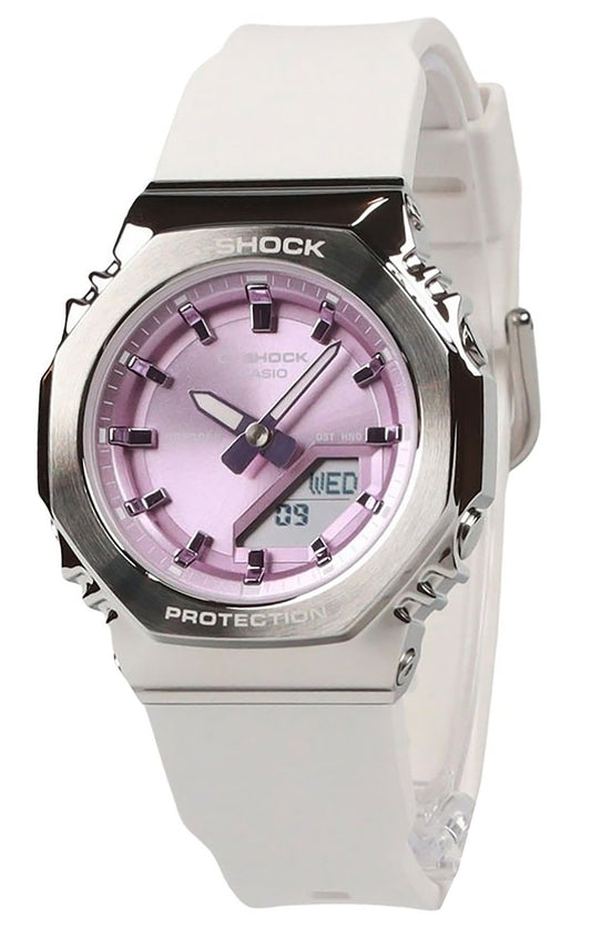 Casio G-Shock Analog Digital Bio-Based Resin Strap Pink. A brand-new Casio G-Shock watch featuring a Pink dial and a Plastic strap. Side view.