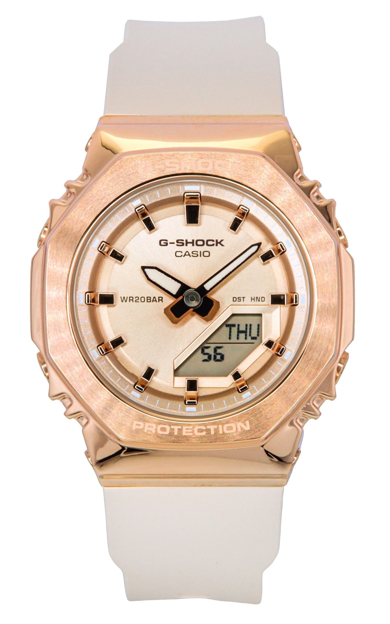 Casio G-Shock Analog Digital Bio-Based Resin Strap Rose. A brand-new Casio G-Shock watch featuring a Gold dial and a Plastic strap. Front view.