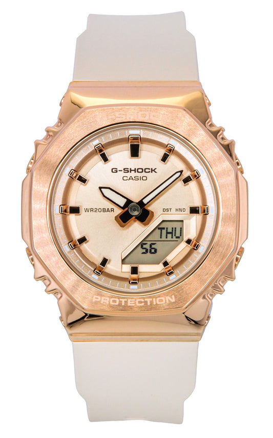 Casio G-Shock Analog Digital Bio-Based Resin Strap Rose. A brand-new Casio G-Shock watch featuring a Gold dial and a Plastic strap. Front view.