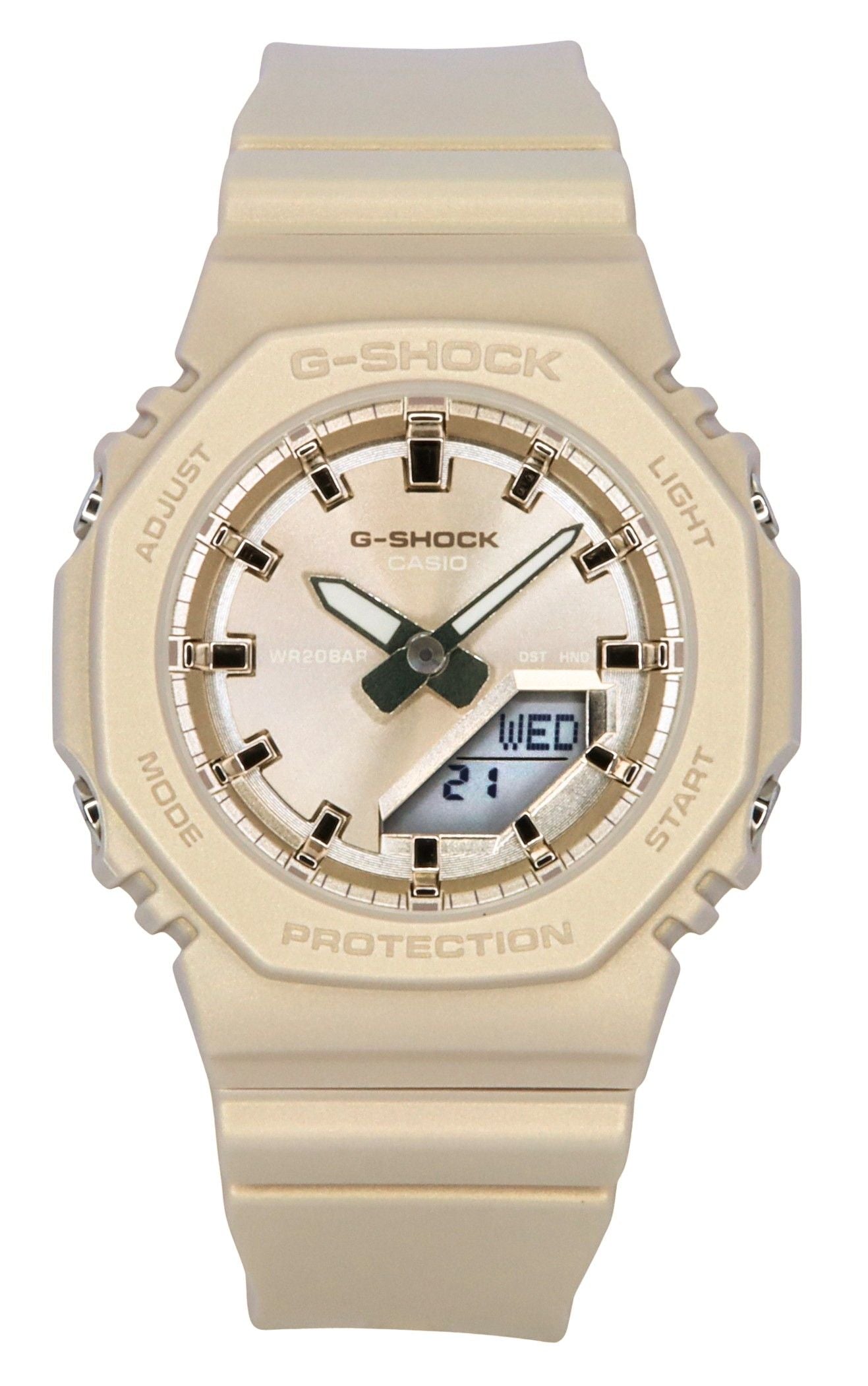Casio G-Shock Analog Digital Bio-Based Resin Strap Rose. A brand-new Casio G-Shock watch featuring a Gold dial and a Plastic strap. Angled view.