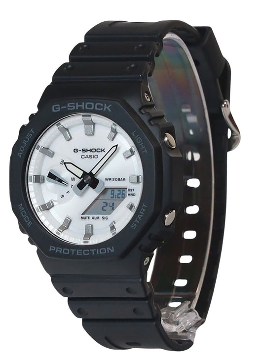 Casio G-Shock Analog Digital Bio-Based Resin Strap White. A brand-new Casio G-Shock watch featuring a White dial and a Plastic strap. Side view.