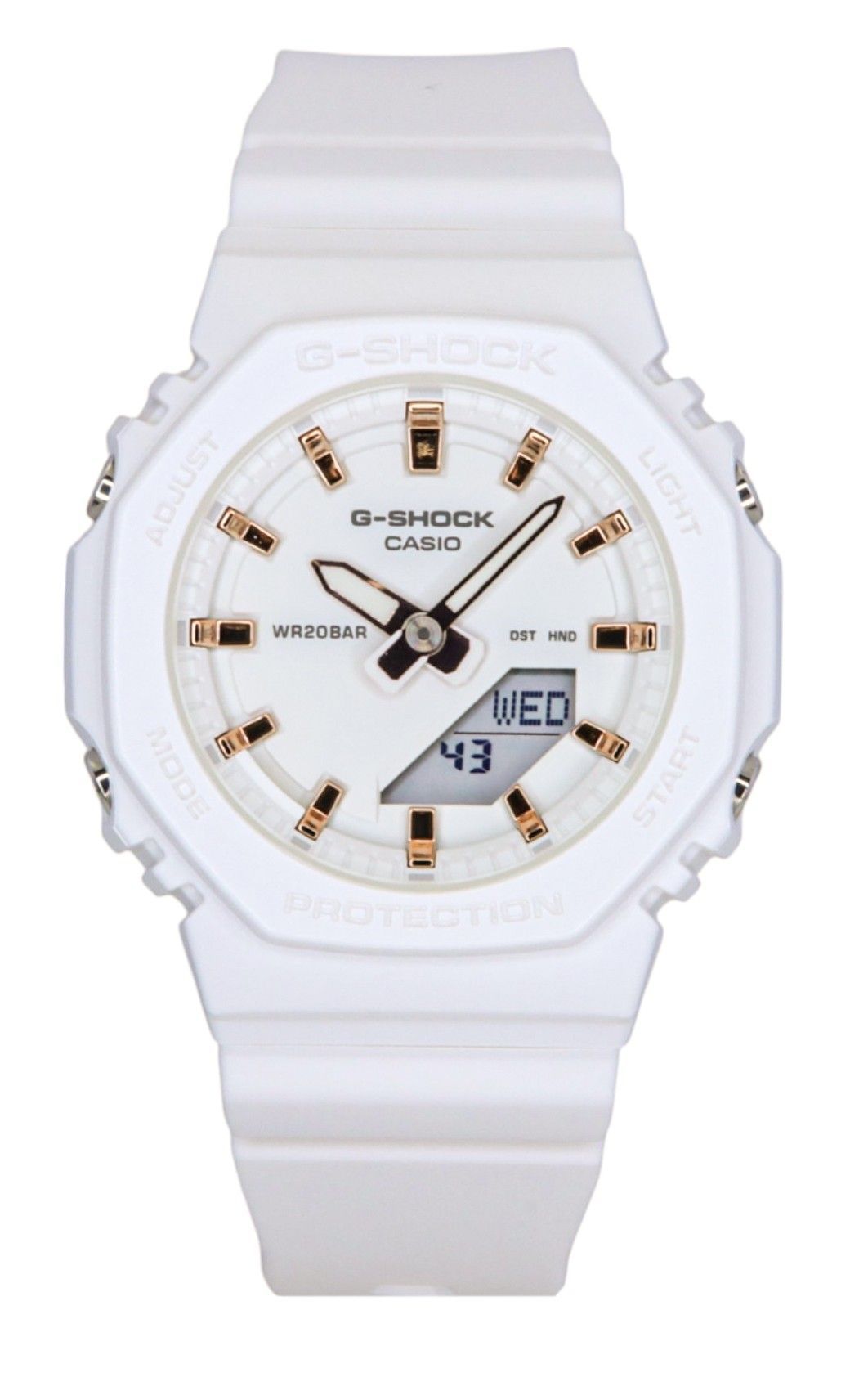 Casio G-Shock Analog Digital Bio-Based Resin Strap White. A brand-new Casio G-Shock watch featuring a White dial and a Plastic strap. Angled view.