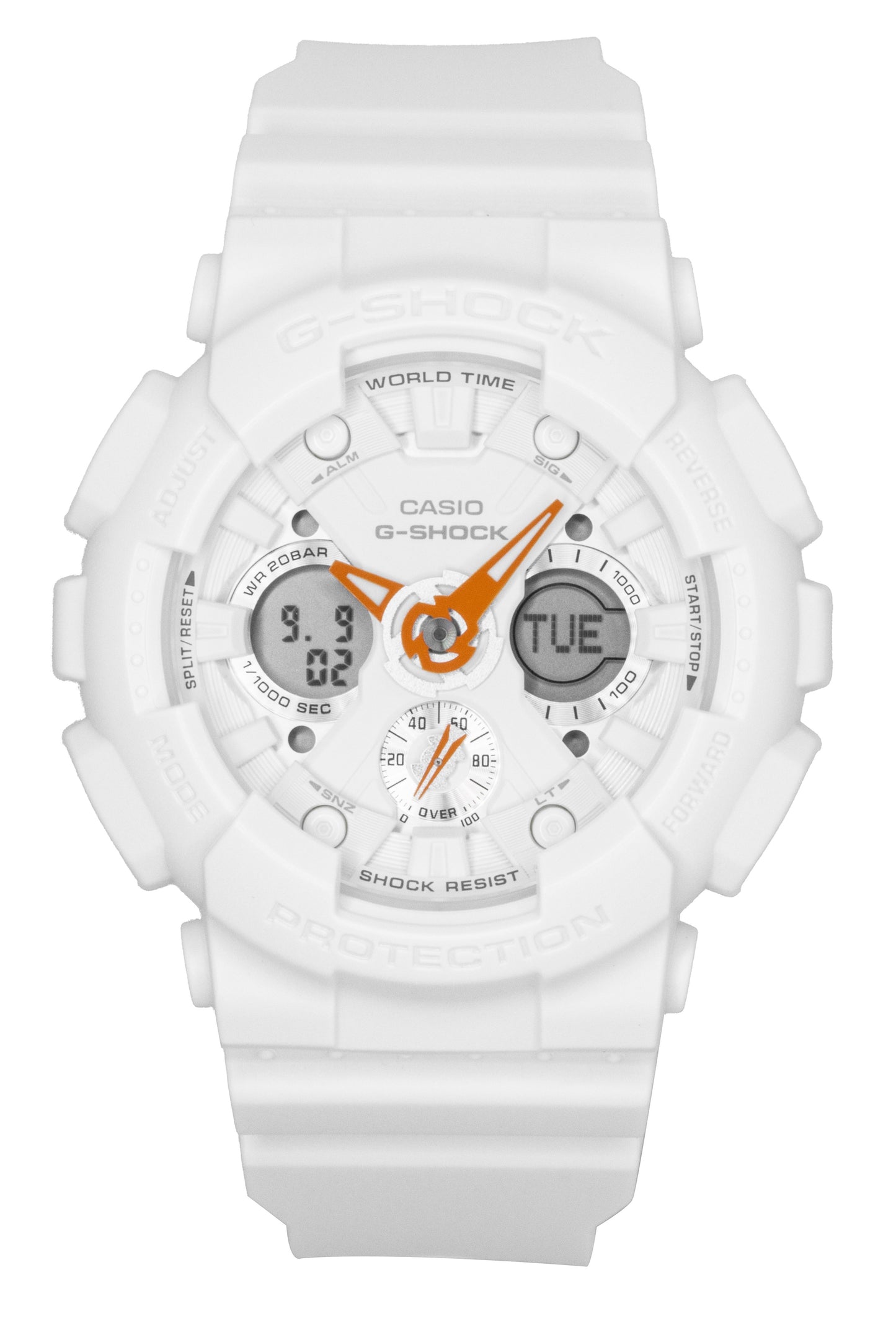 Casio G-Shock Analog Digital Bio-Based Resin White Dial. A brand-new Casio G-Shock watch featuring a White dial and a Plastic strap. Angled view.