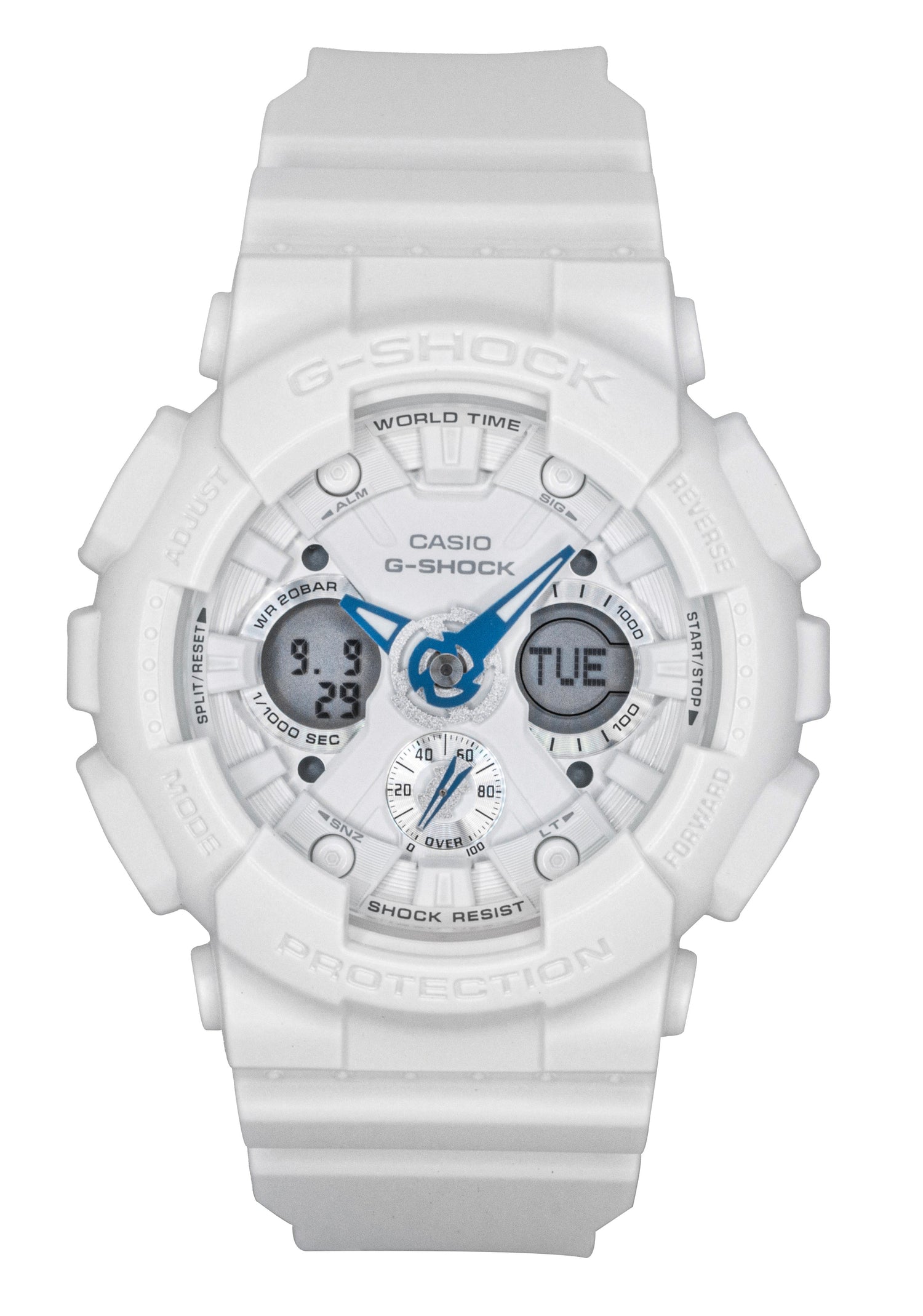 Casio G-Shock Analog Digital Bio-Based Resin White Dial. A brand-new Casio G-Shock watch featuring a White dial and a Plastic strap. Angled view.