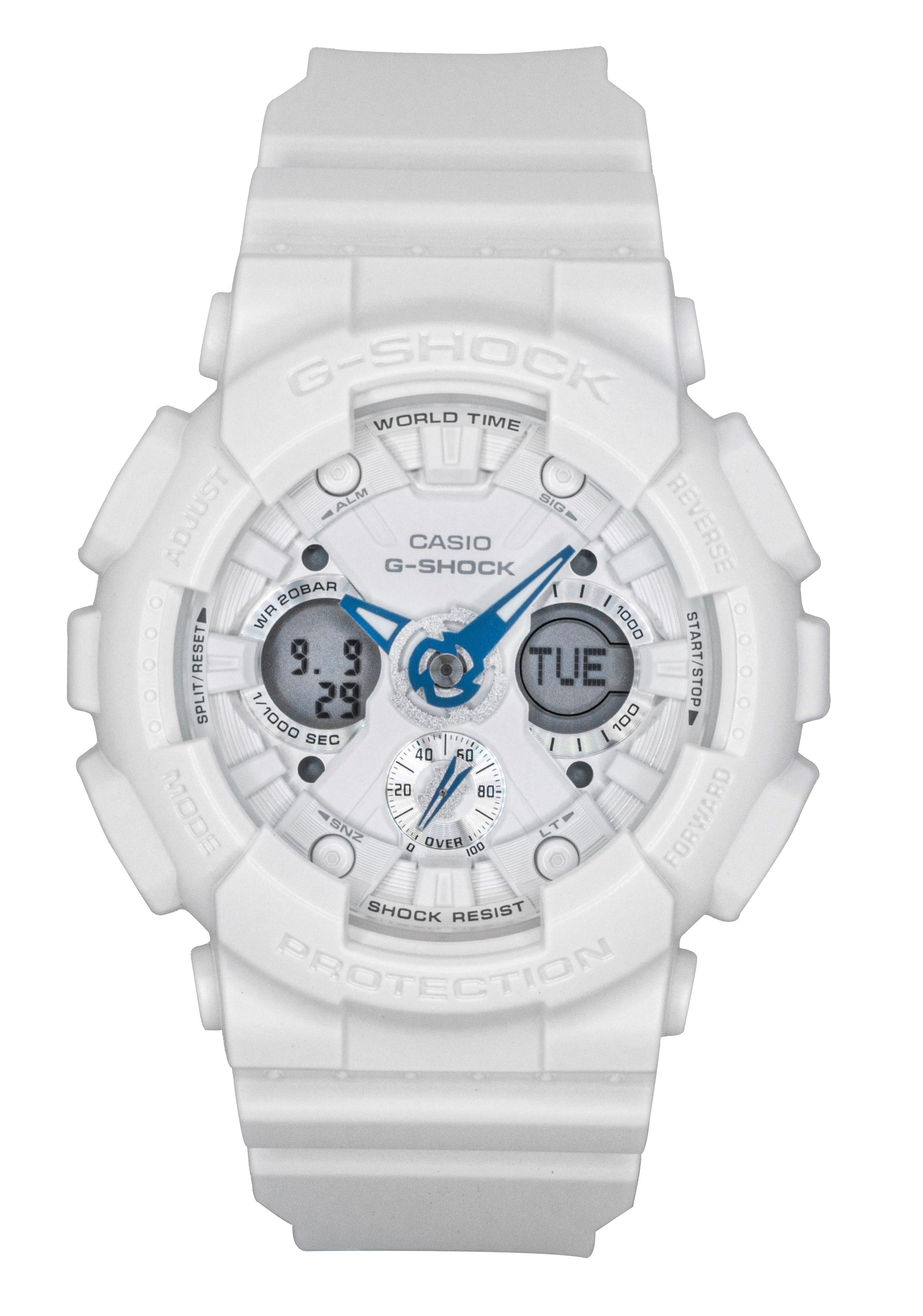 Casio G-Shock Analog Digital Bio-Based Resin White Dial. A brand-new Casio G-Shock watch featuring a White dial and a Plastic strap. Angled view.