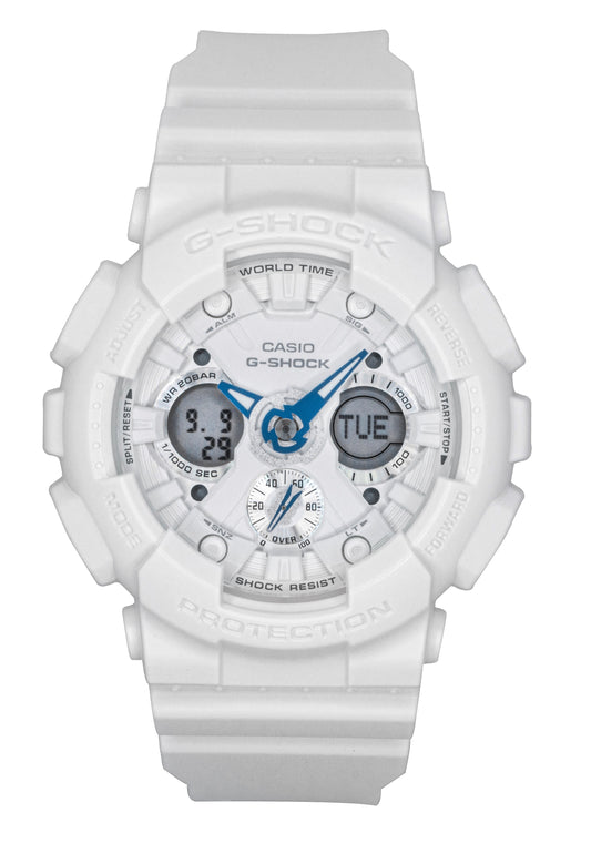 Casio G-Shock Analog Digital Bio-Based Resin White Dial. A brand-new Casio G-Shock watch featuring a White dial and a Plastic strap. Angled view.