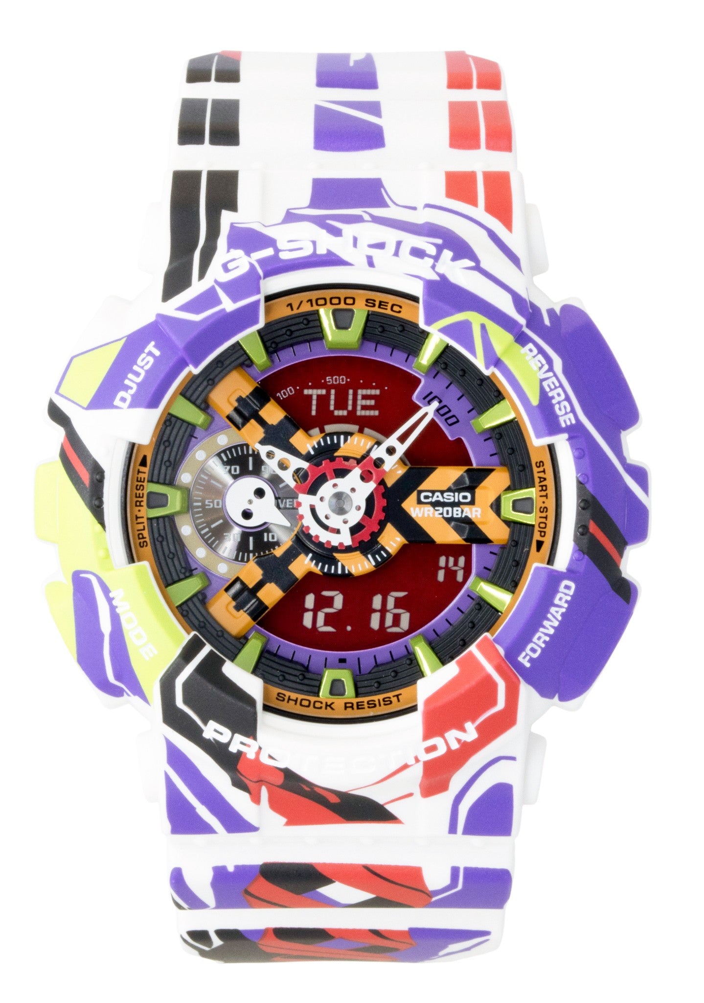 Casio G-Shock Analog Digital Evangelion 30th Anniversary. A brand-new Casio G-Shock watch featuring a Multicolor dial. Side view.