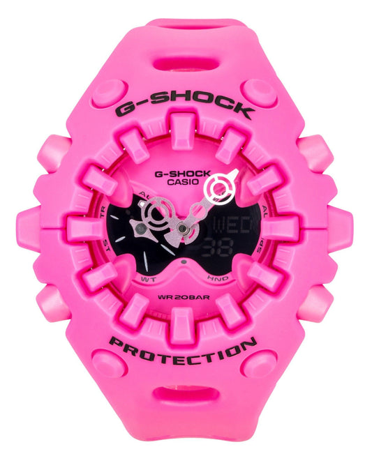 Casio G-Shock Analog Digital Pink Resin Strap Pink Dial. A brand-new Casio G-Shock watch featuring a Pink dial. Angled view.