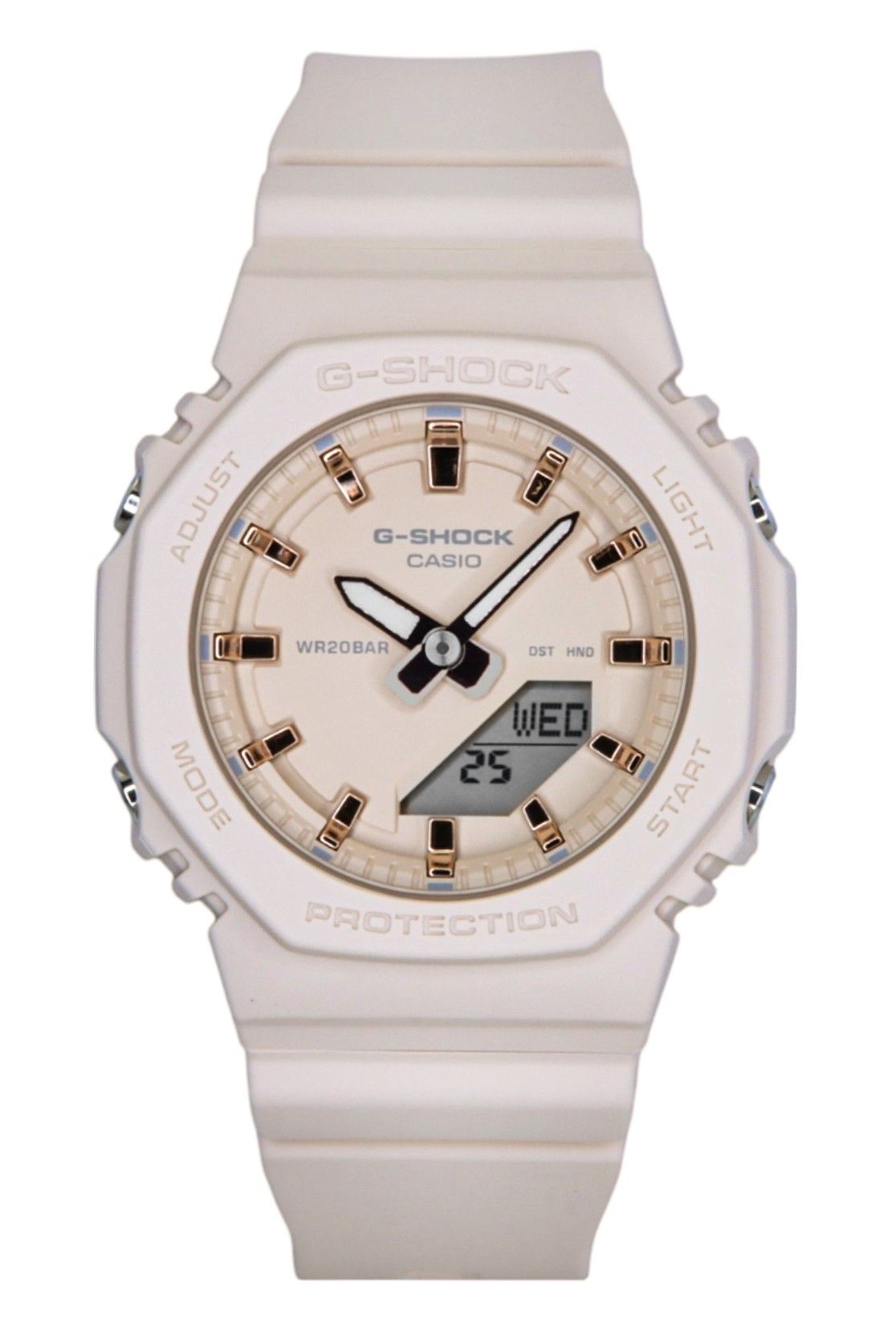 Casio G-Shock Analog Digital Resin Strap Beige Dial Quartz. A brand-new Casio G-Shock watch featuring a Beige dial. Side view.