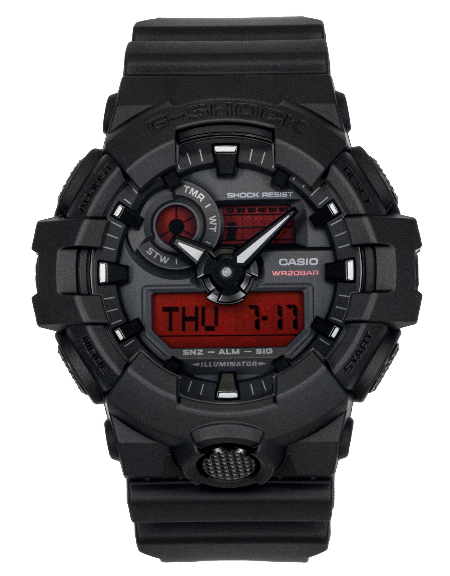 Casio G-Shock Analog Digital Resin Strap Black Dial Quartz. A brand-new Casio G-Shock watch featuring a Black dial. Angled view.