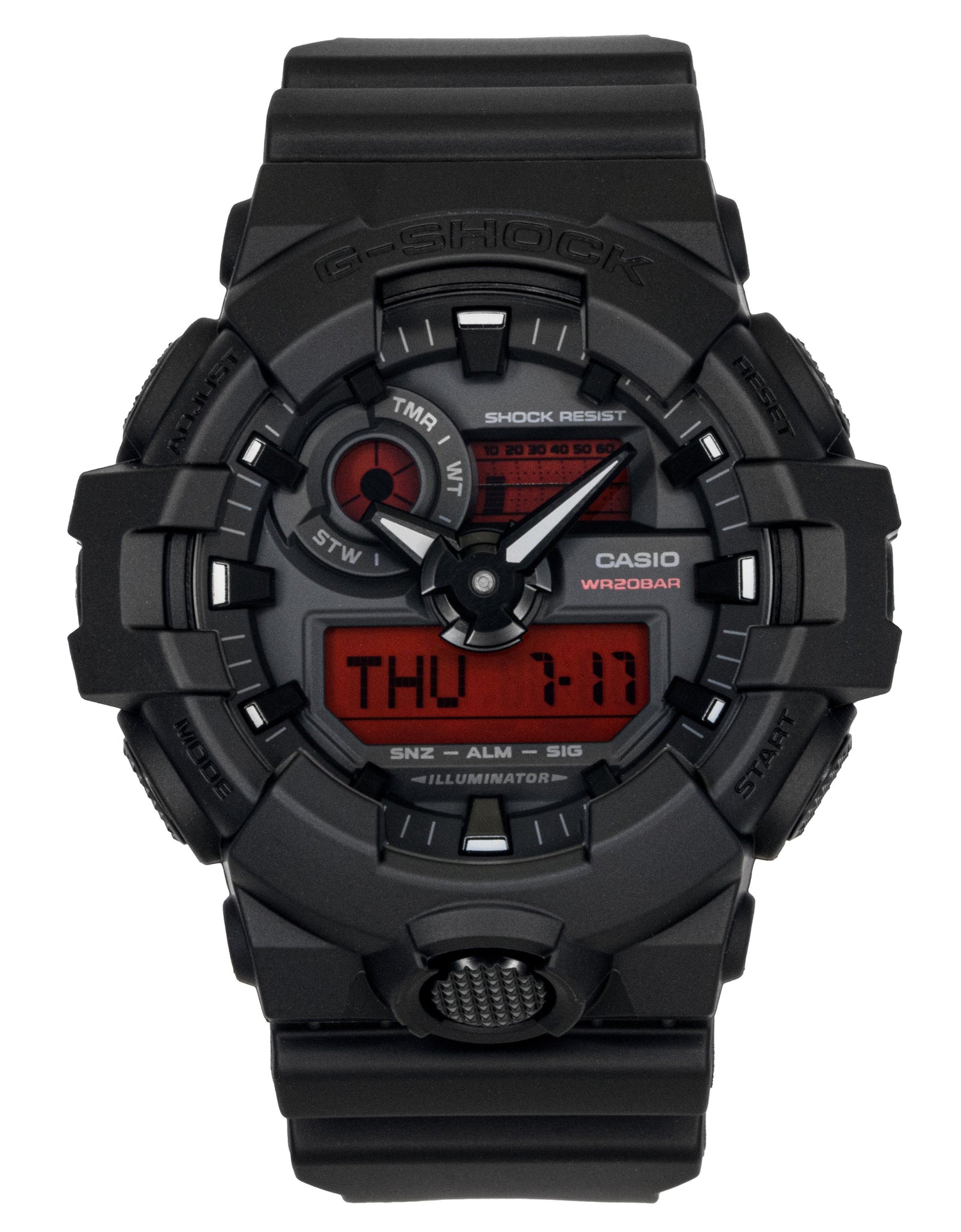 Casio G-Shock Analog Digital Resin Strap Black Dial Quartz. A brand-new Casio G-Shock watch featuring a Black dial. Angled view.