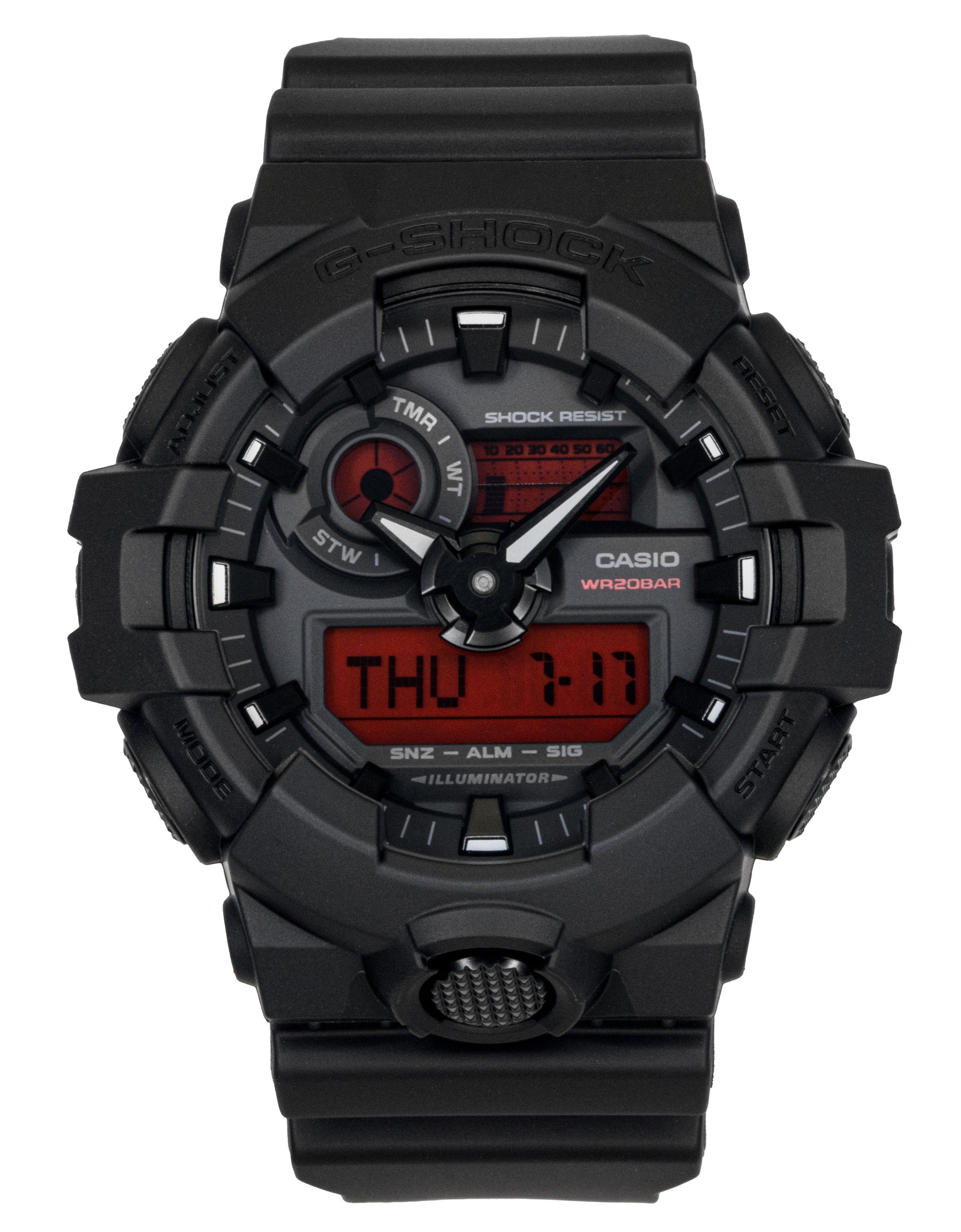 Casio G-Shock Analog Digital Resin Strap Black Dial Quartz. A brand-new Casio G-Shock watch featuring a Black dial. Angled view.