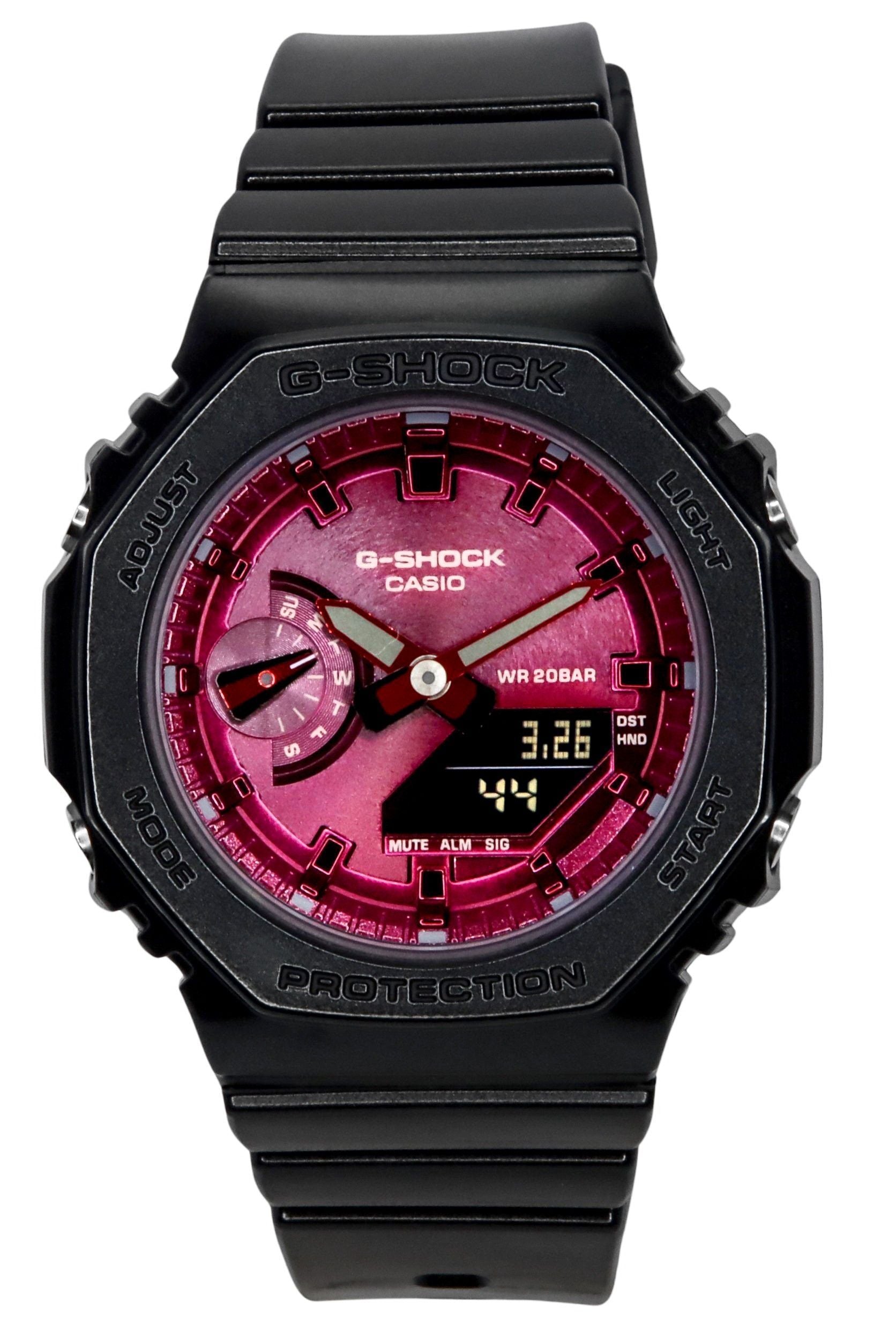 Casio G-Shock Analog Digital Resin Strap Burgundy Dial. A brand-new Casio G-Shock watch featuring a Burgundy dial. Front view.