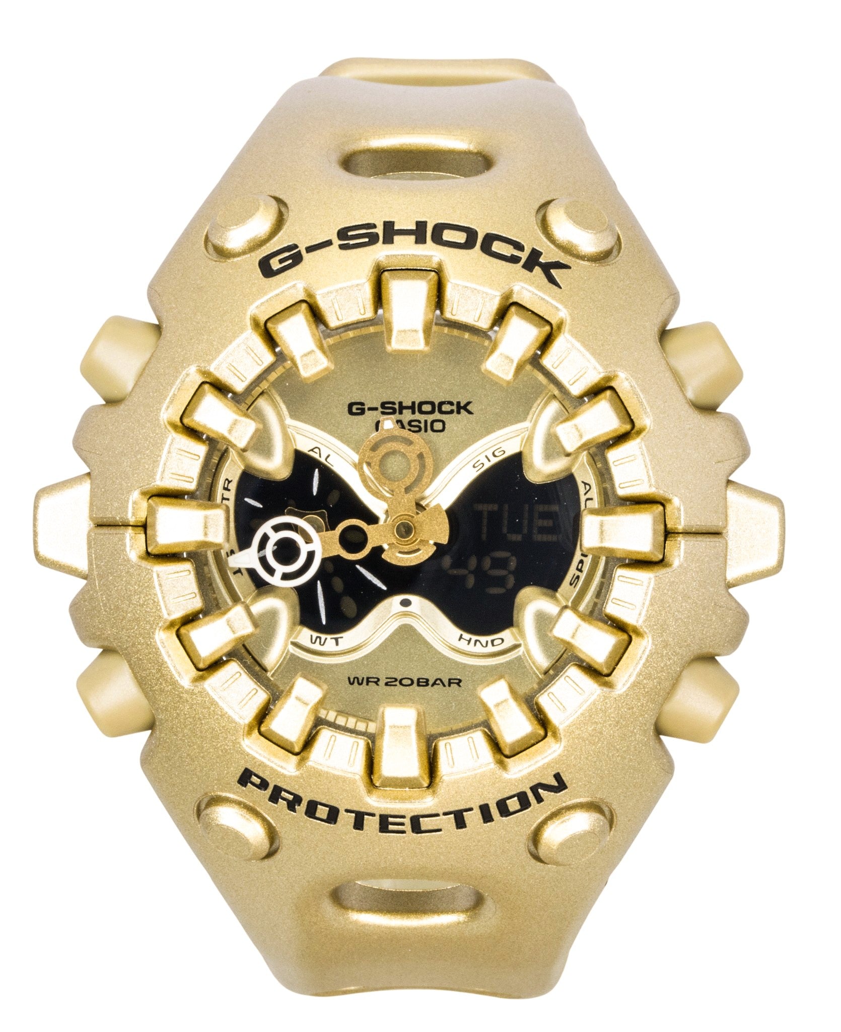 Casio G-Shock Analog Digital Resin Strap Gold Dial Quartz. A brand-new Casio G-Shock watch featuring a Gold dial. Front view.