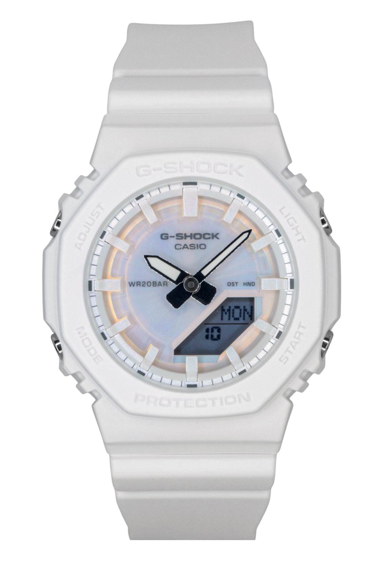 Casio G-Shock Analog Digital Resin Strap Polarized White. A brand-new Casio G-Shock watch featuring a White dial. Angled view.