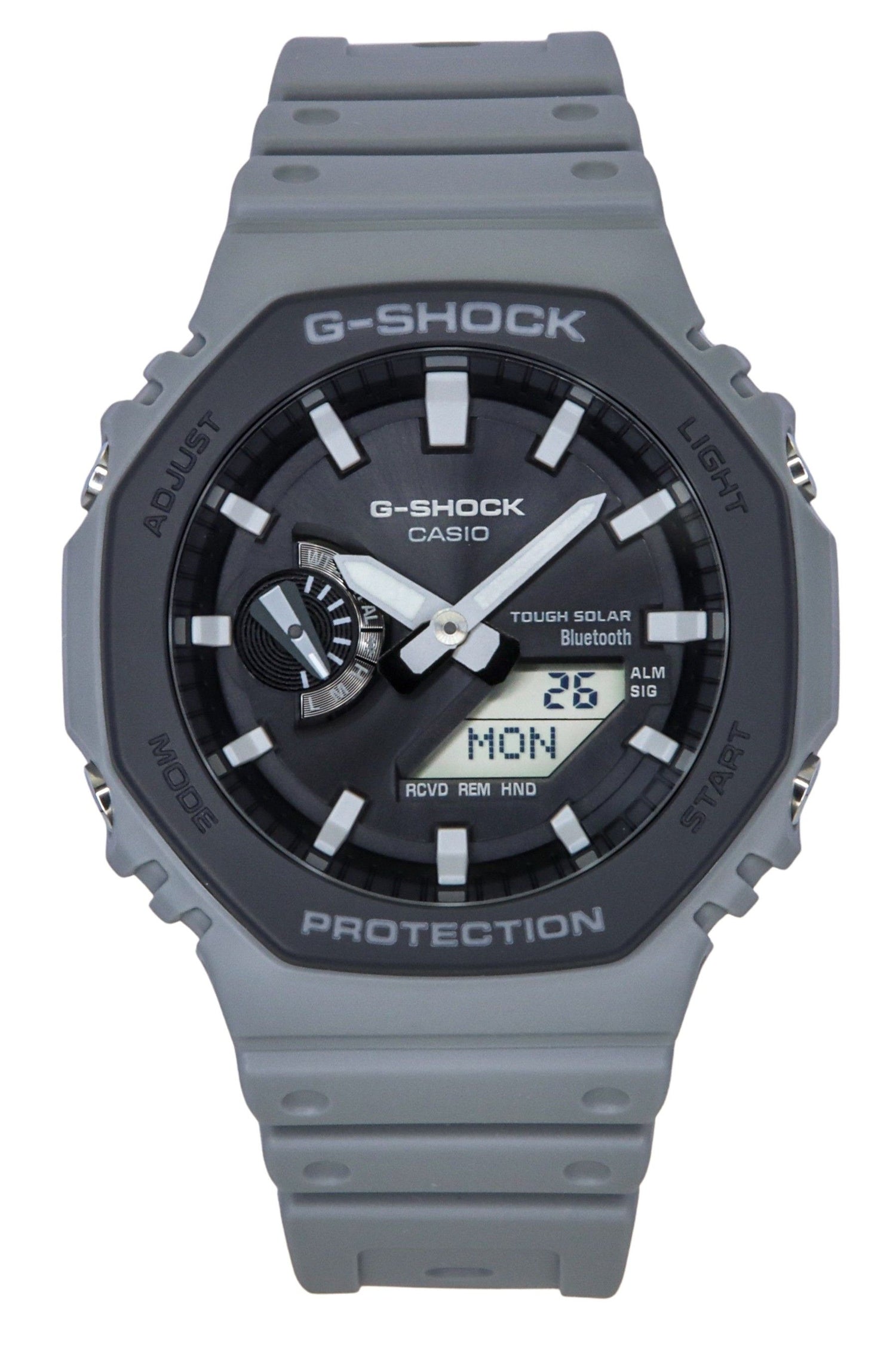 Casio G-Shock Analog Digital Smartphone Link Bio-Based. A brand-new Casio G-Shock watch featuring a Grey dial and a Plastic strap. Angled view.