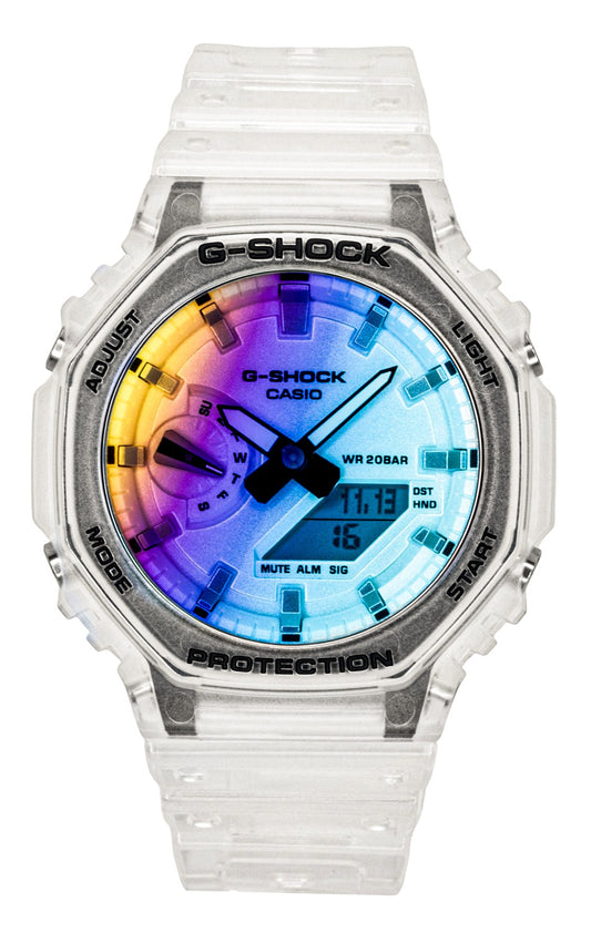 Casio G-Shock Analog Digital Transparent Resin Strap. A brand-new Casio G-Shock watch featuring a Multicolor dial. Side view.
